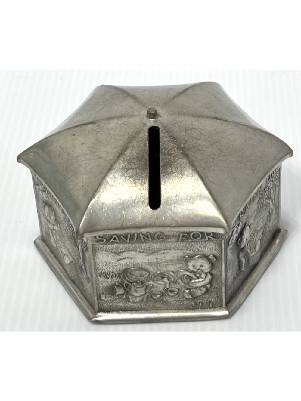 Royal Selangor Pewter Teddy Bears Picnic Money Box Umbrella Save Rainy Day AS IS